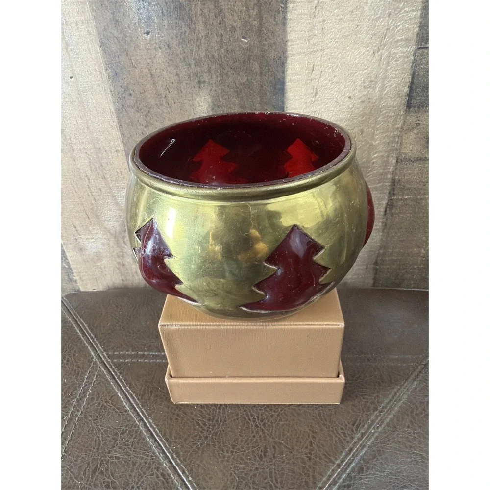Vintage‎ Brass Ruby Red Glass Christmas Tree Votive Candle Holder Bowl 5.5